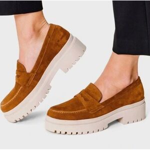 Portland Leather Co Patina fawn brown Suede Platform Loafers women’s size 8